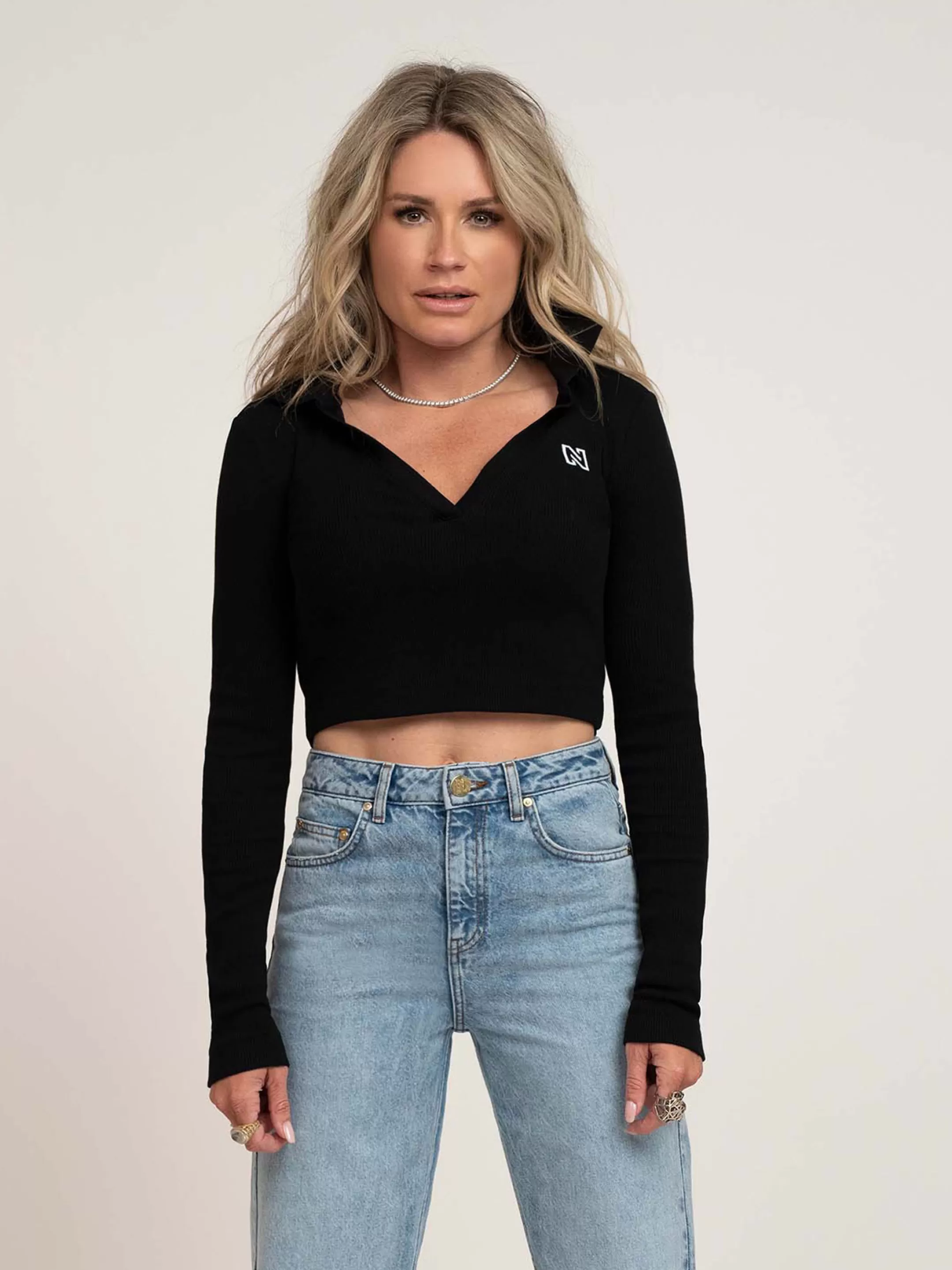 Shop Cropped lange mouwen top met kraag Tops